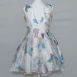 Rose Gal Women’s Plunging Neck Flower See-Through Back Tulle Dress Size 6